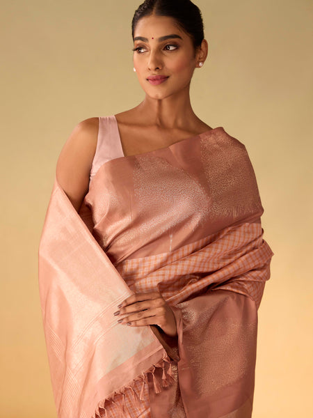 Peach Copper Checkered Saree with Running Border