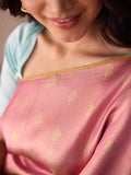 Taffy Pink Gold Zari Saree & Ice Blue Spring Blossom Border