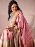 Taffy Pink Gold Zari Saree & Ice Blue Spring Blossom Border