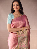 Taffy Pink Gold Zari Saree & Ice Blue Spring Blossom Border