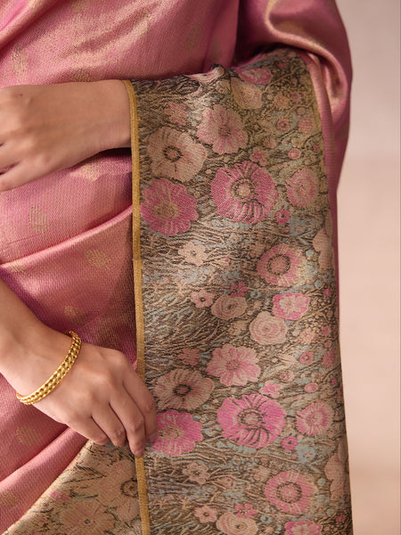 Taffy Pink Gold Zari Saree & Ice Blue Spring Blossom Border