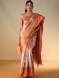 Floral Landscape with Fuzzy Peach Gold Zari Border