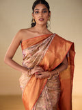 Floral Landscape with Fuzzy Peach Gold Zari Border