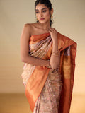 Floral Landscape with Fuzzy Peach Gold Zari Border
