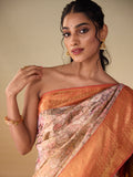 Floral Landscape with Fuzzy Peach Gold Zari Border