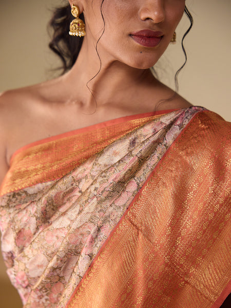 Floral Landscape with Fuzzy Peach Gold Zari Border