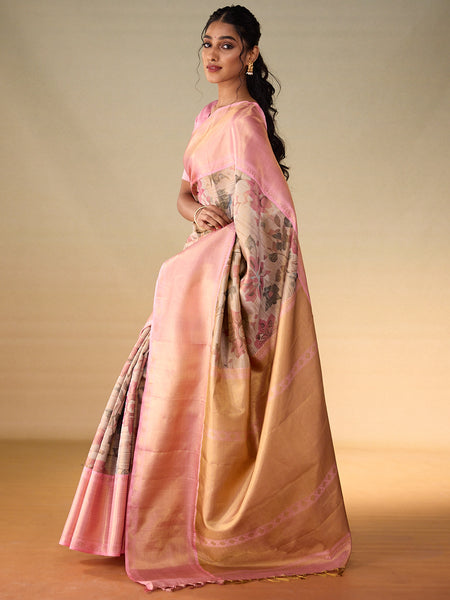 Floral Canvas in Gold Zari & Taffy Pink Border