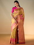 Floral Motif Gold Zari Saree & Raspberry Leaf Vine Border