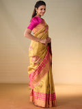 Floral Motif Gold Zari Saree & Raspberry Leaf Vine Border