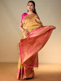 Floral Motif Gold Zari Saree & Raspberry Leaf Vine Border