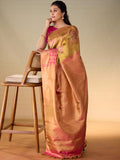 Floral Motif Gold Zari Saree & Raspberry Leaf Vine Border