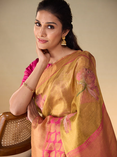 Floral Motif Gold Zari Saree & Raspberry Leaf Vine Border