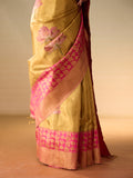 Floral Motif Gold Zari Saree & Raspberry Leaf Vine Border