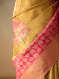 Floral Motif Gold Zari Saree & Raspberry Leaf Vine Border