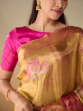 Floral Motif Gold Zari Saree & Raspberry Leaf Vine Border