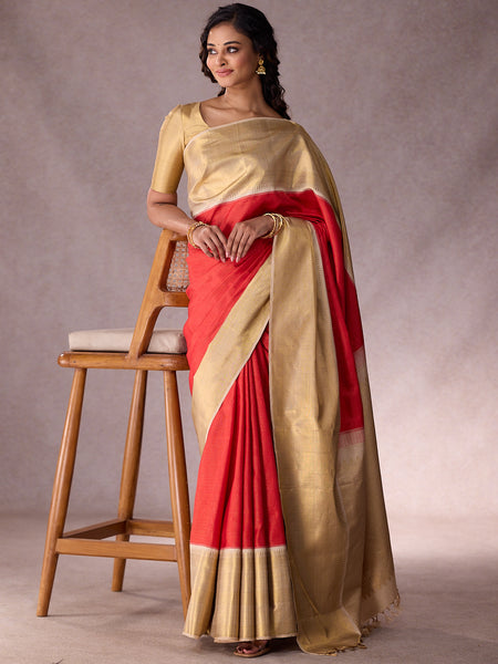 Red Korvai with Ivory Border