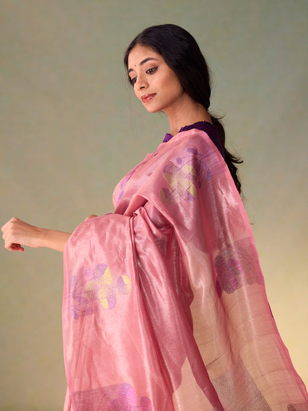 Deco Floral Border in Blush Pink & Silver Zari