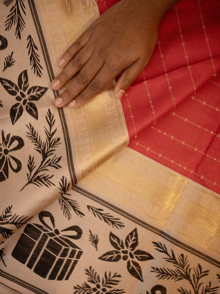 Christmas Korvai Saree in Red & Ivory