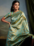 Teal & Gold Vine with Checkered Pallu