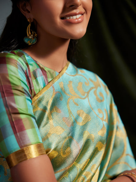 Teal & Gold Vine with Checkered Pallu