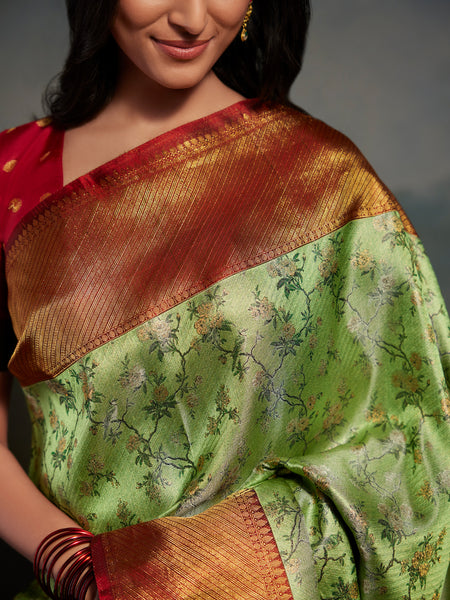 Clover Chinoserie Floral with Gold Border Saree