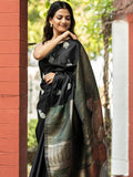 Famed Indian Art On Black Silk Saree with Damask Motifs