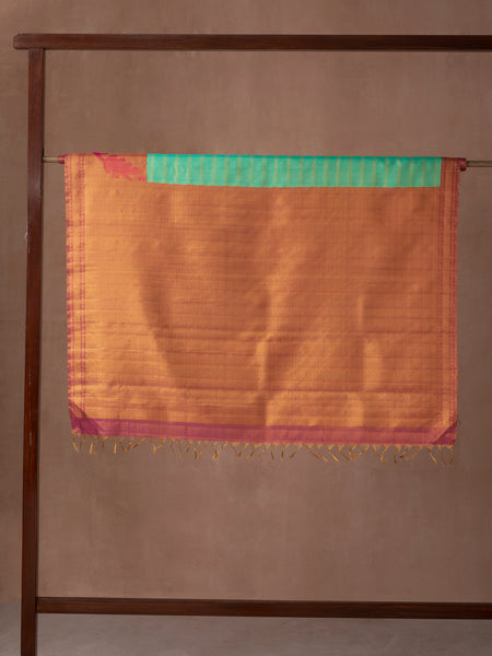 Horizontal Kanchi Strips Woven In Sapphire Isles Green Kanchipuram Silk Saree with Gold Zari