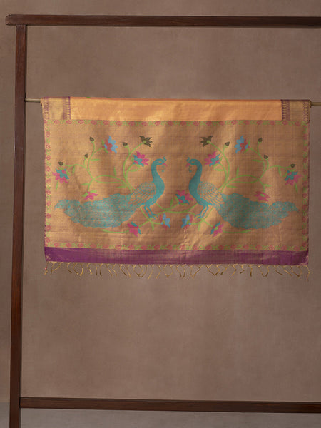 Colourful Floral Vine Woven In Fandango Orange Kanchipuram Silk Saree with Gold Zari