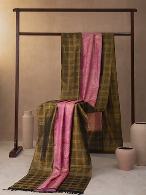 Windowpane Checks Woven In Creamy Pink Pure Kanchipuram Silk Saree with Gold Zari