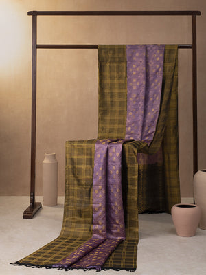 Windowpane Checks Woven In Amethyst Purple Pure Kanchipuram Silk Saree with Gold Zari