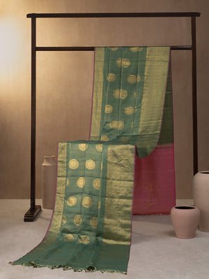Kanchi Pattern Woven In Sage Green Pure Kanchipuram Silk Saree with Gold Zari
