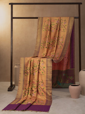 Colourful Floral Vine Woven In Fandango Orange Kanchipuram Silk Saree with Gold Zari