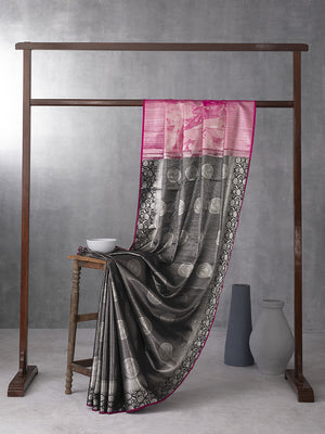 Digital Photo Woven In Black Pure Kanchipuram Silk Saree with Silver Zari