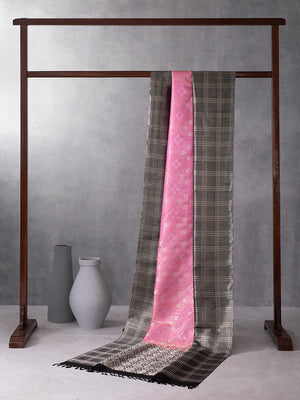 Windowpane Checks Woven In Taffy Pink Pure Kanchipuram Silk Saree with Silver Zari